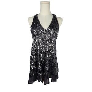 Free People Bejeweled Sequin Mini Slip Dress XS Black Ruffle Halter Backless